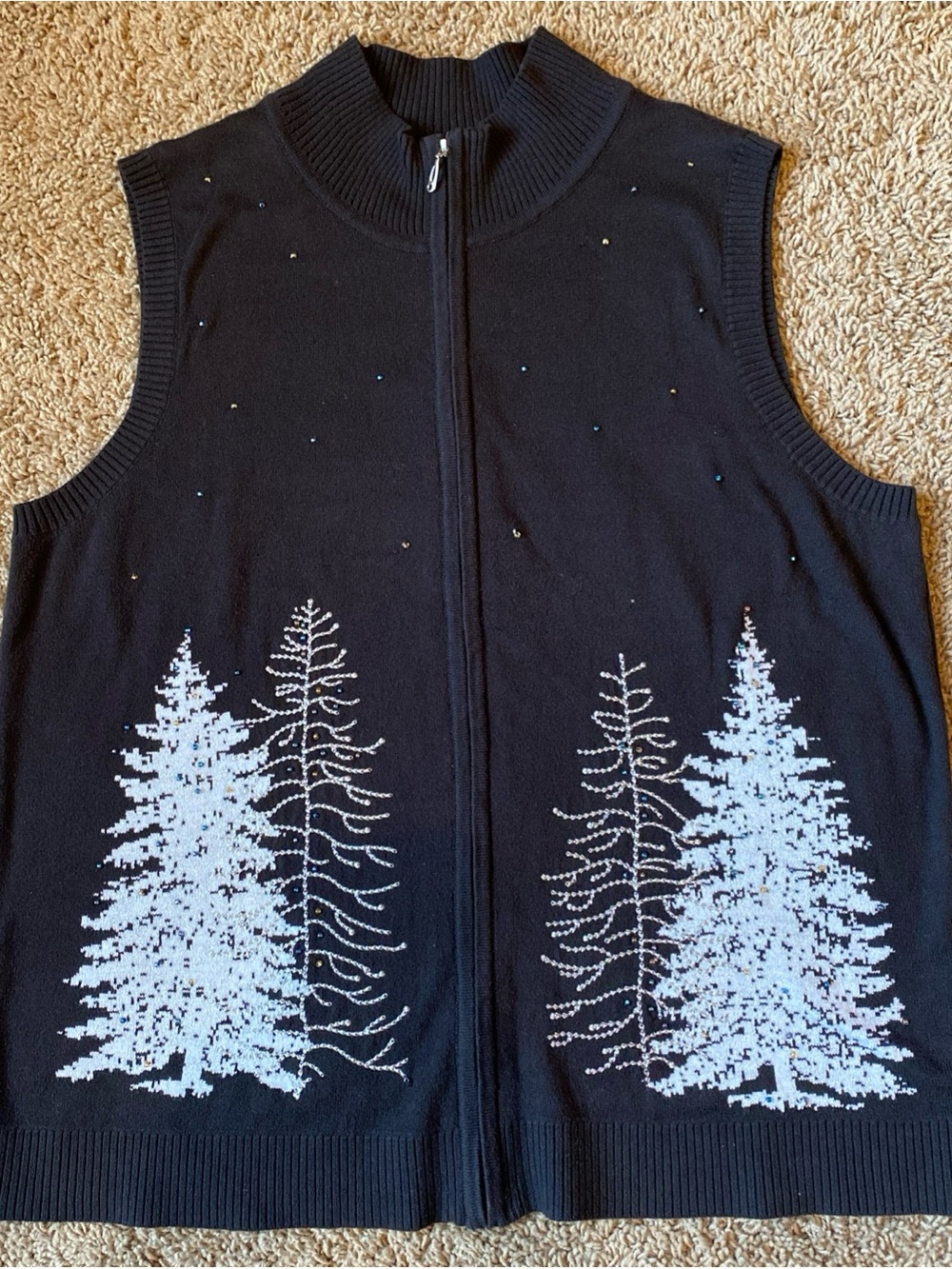 Christopher & Banks Bedazzled Bling Black Zip Sweater Vest Trees Size L Holiday
